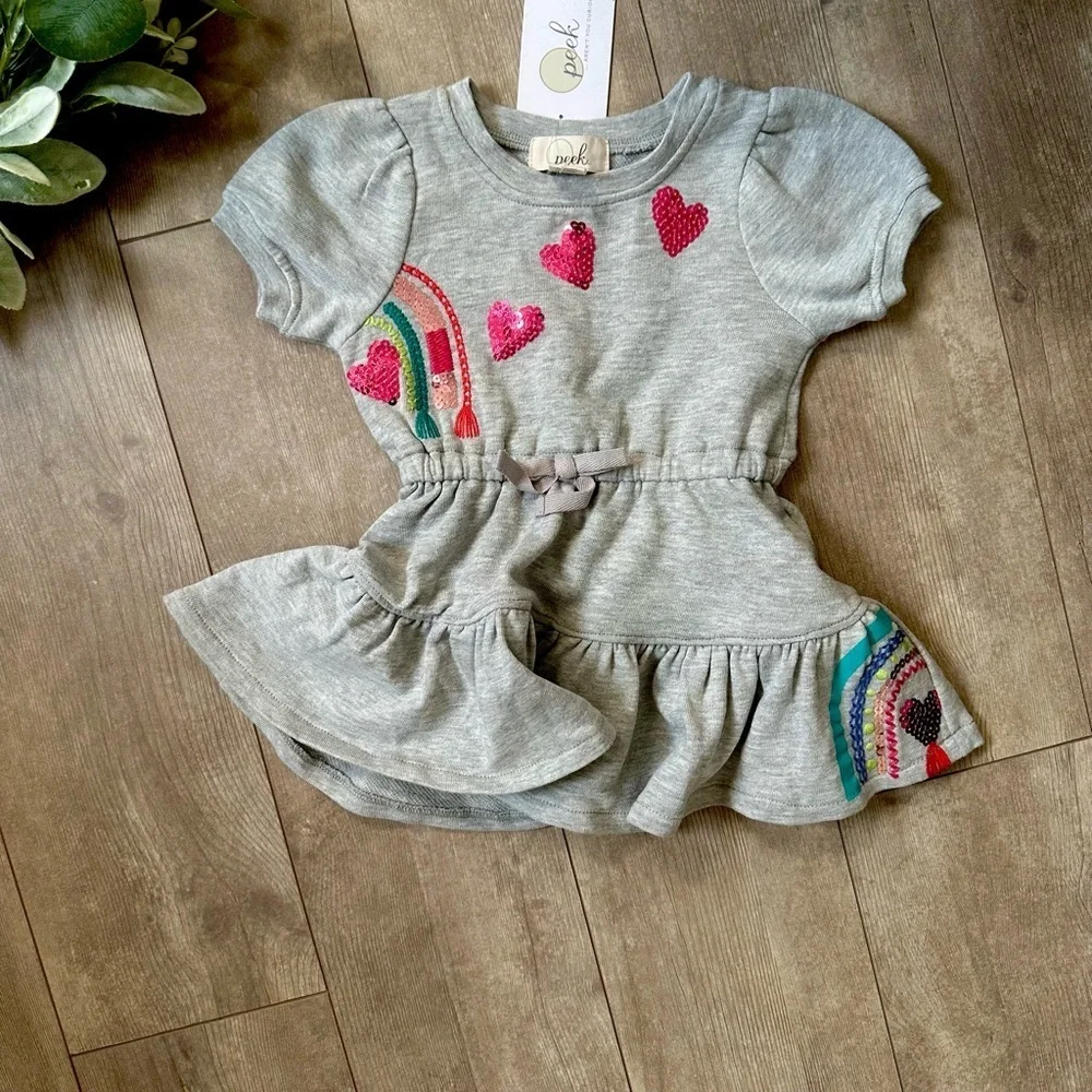 New Peek Toddler Girls Short Sleeve Sequin Dress Rainbow And Hearts size 2T